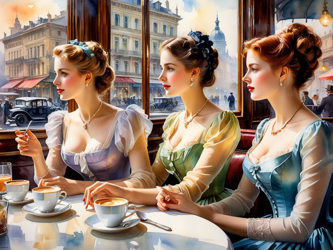 Elegant women in a café with vintage city backdrop