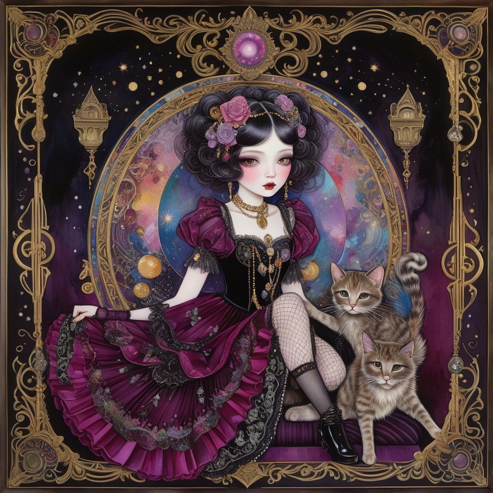 Whimsical illustration of a girl in a purple gown