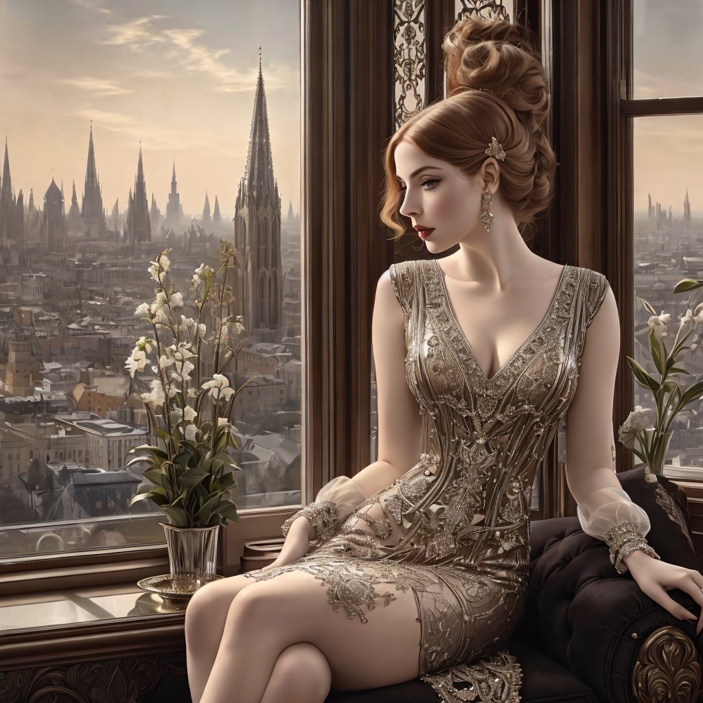 Glamorous Woman in Beaded Gold Dress by Window