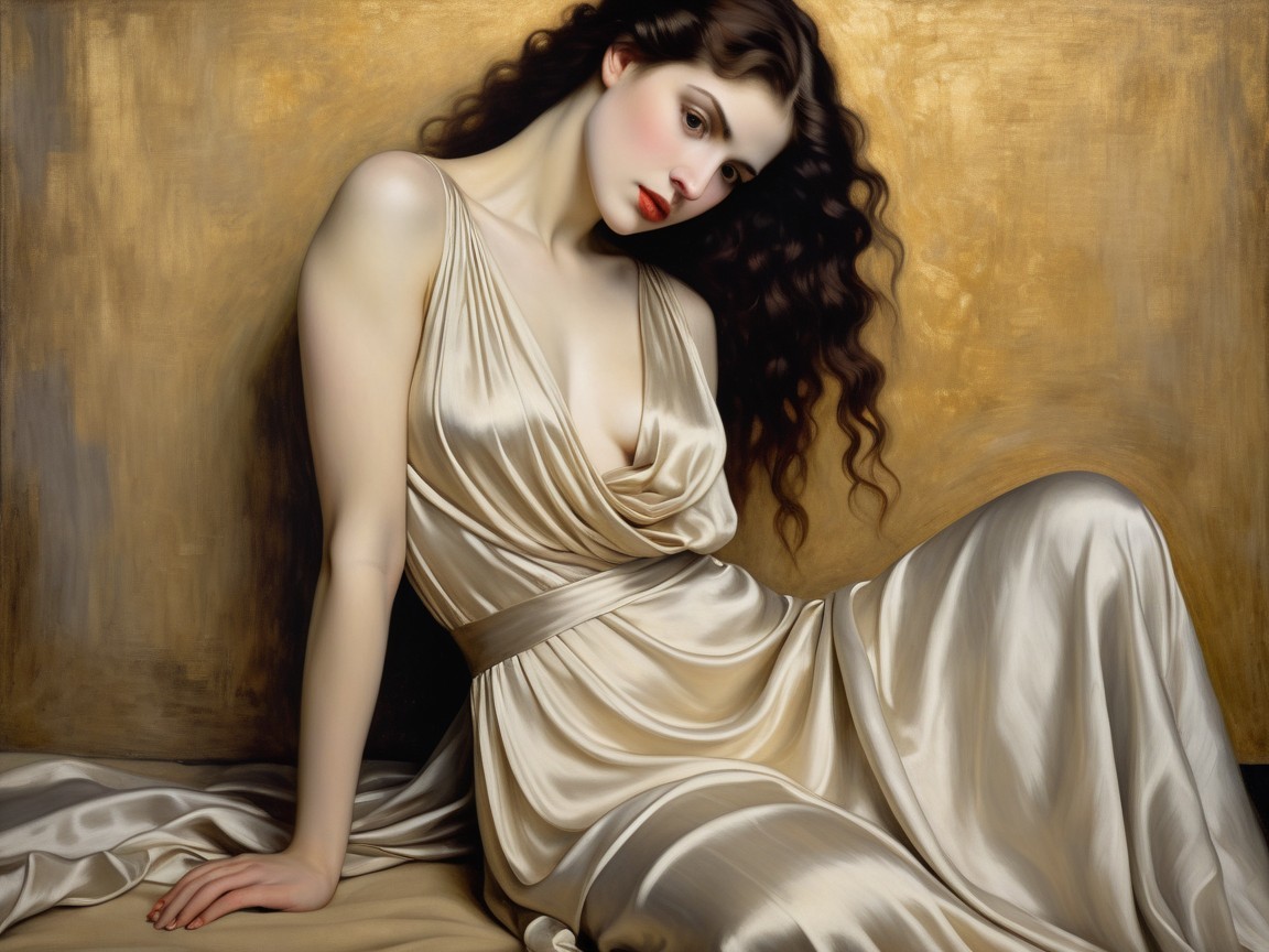 Woman in Silky Gown Against Gold Backdrop