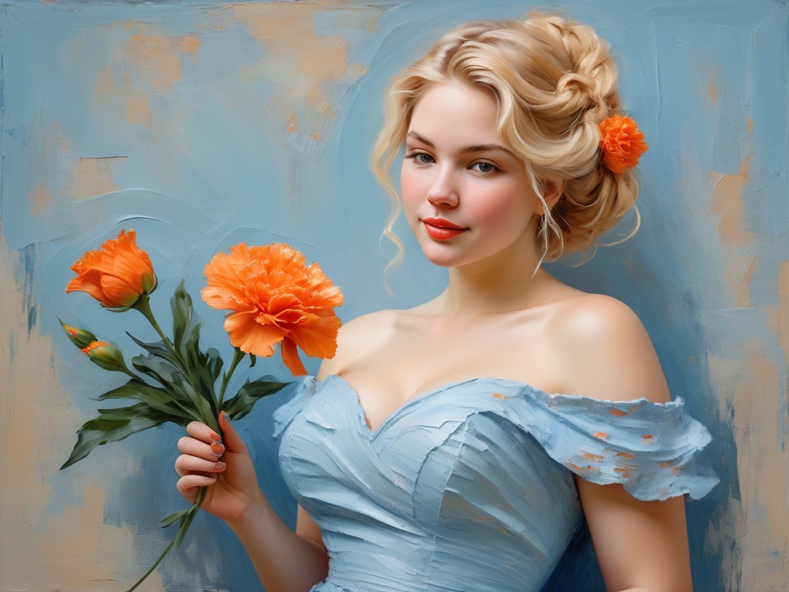 Young woman in blue dress with orange flower bouquet