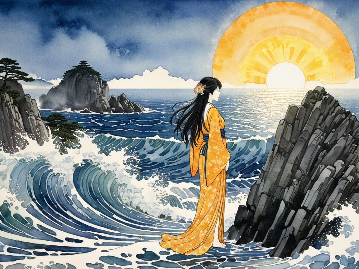 Woman in Yellow Kimono on Rocky Shores at Sunrise