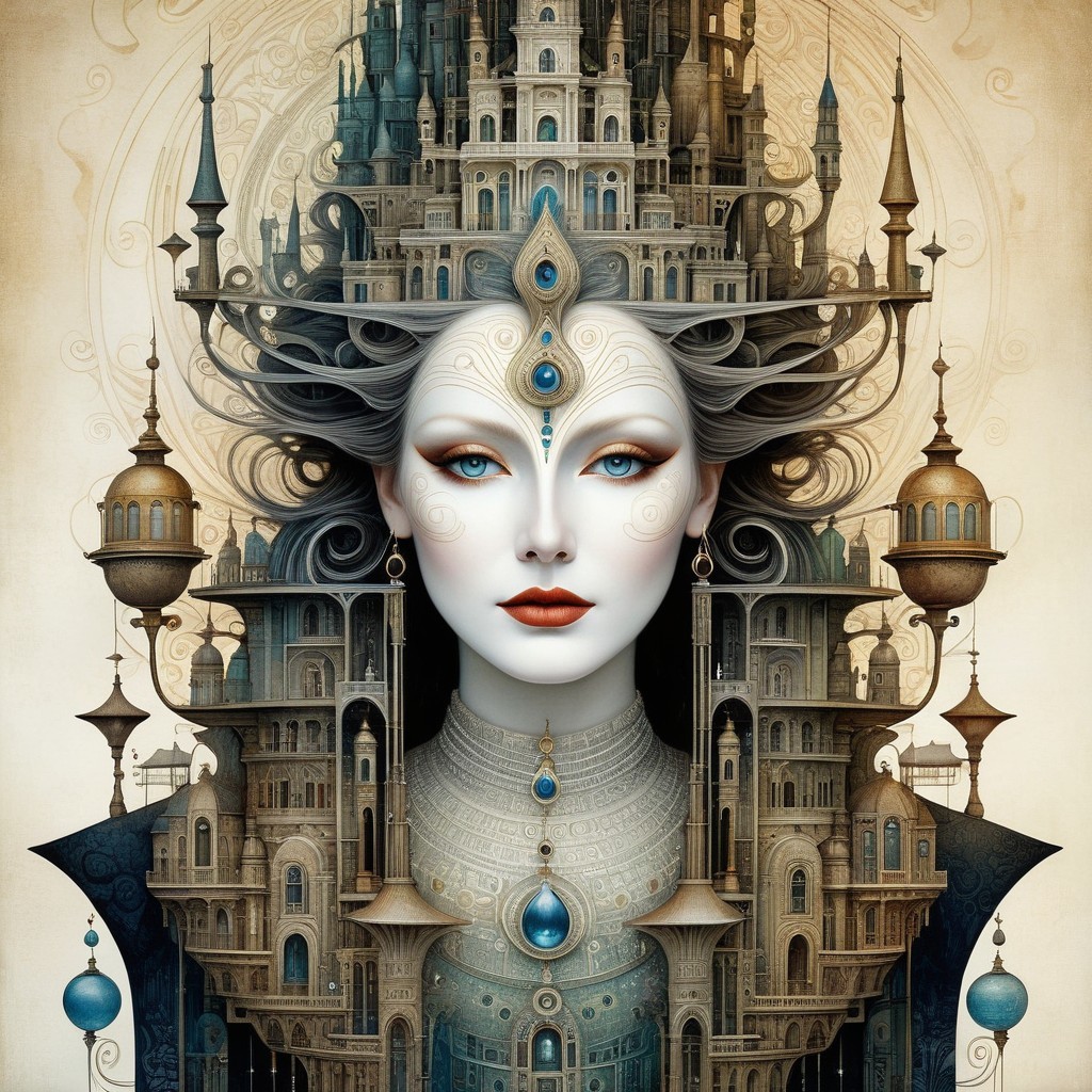 Mystical Woman with Flowing Hair and Architectural Elements