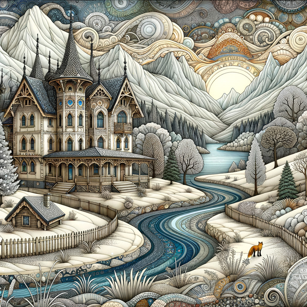 Whimsical Winter Landscape with Mansion and Fox