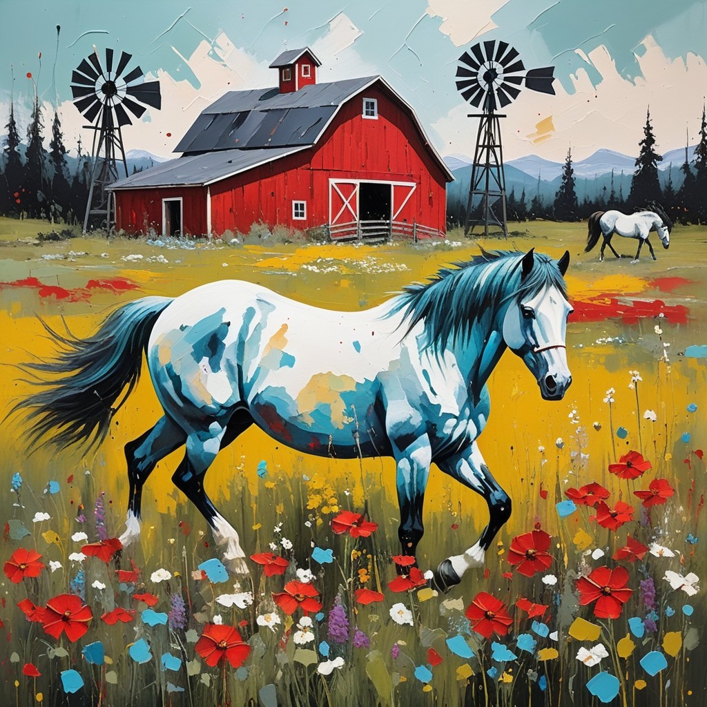 Countryside Scene with Horses and Colorful Wildflowers