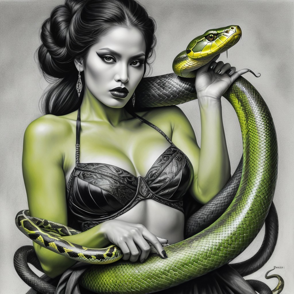 Monochrome Artwork of Woman with Green Snake
