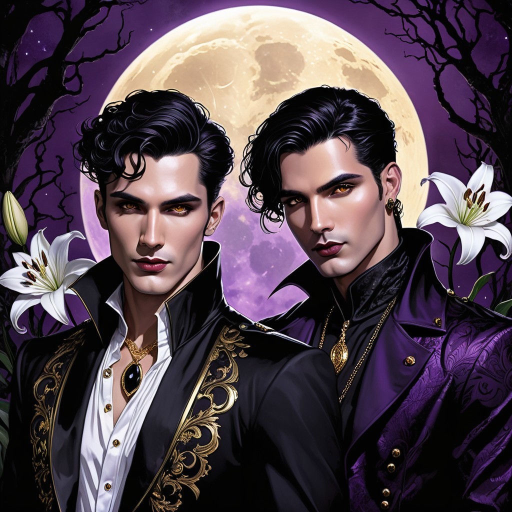 Elegant Young Men in Luxurious Outfits by Full Moon