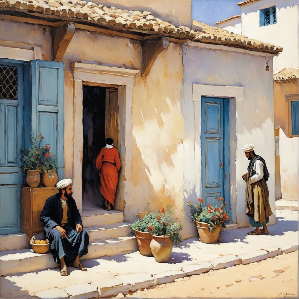 Sunlit Village Scene with Traditional Attire and Architecture