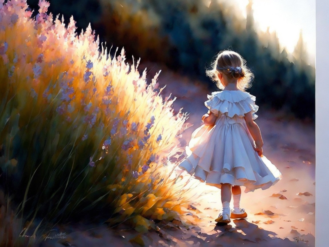 Young girl in white dress walking through lavender path