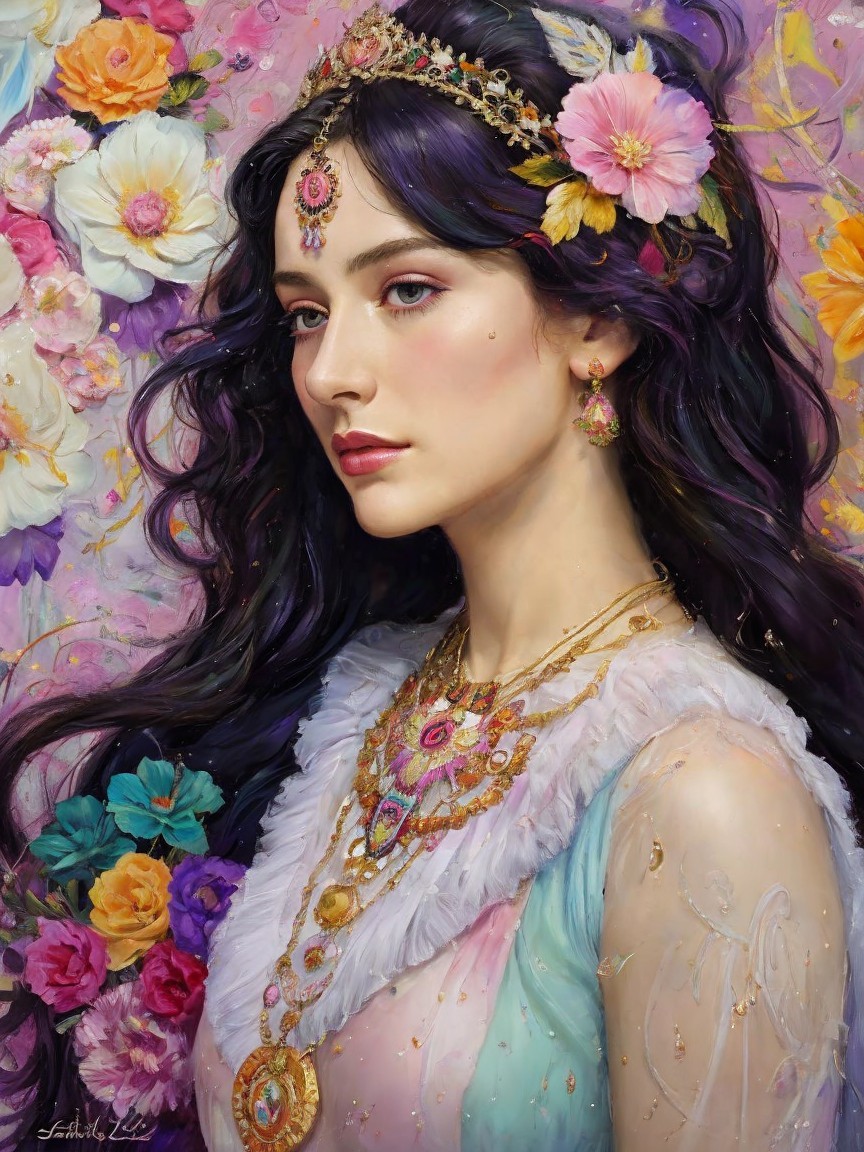 Elegant Woman with Dark Hair and Floral Background
