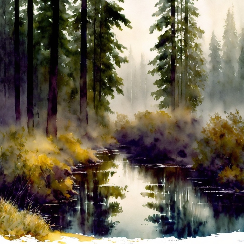 Tranquil Forest Scene with Creek and Fog