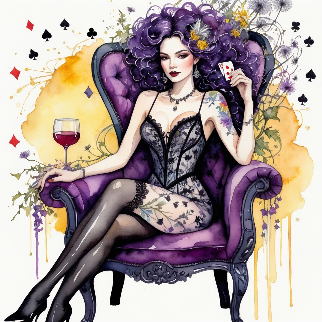 Glamorous Woman in Purple Chair with Playing Card and Wine