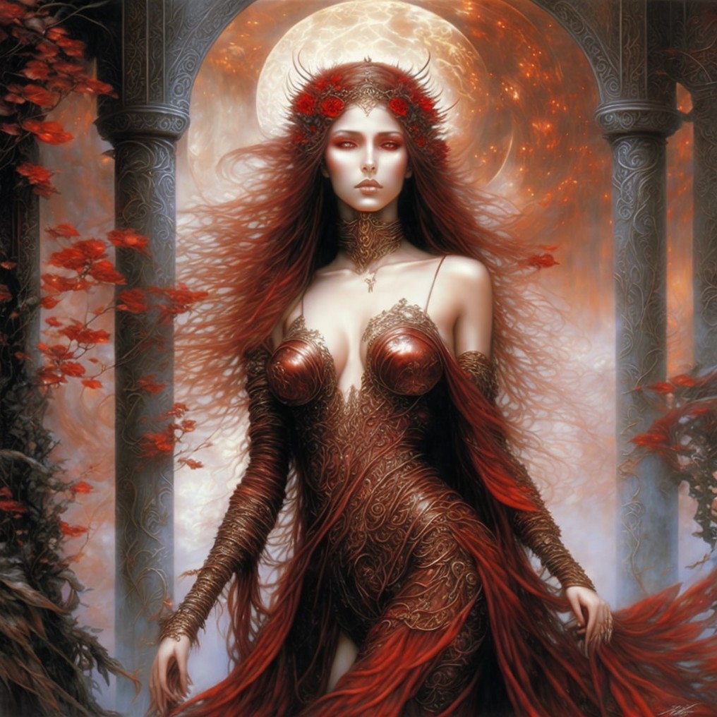 Mythical figure in bronze armor and flowing red garments