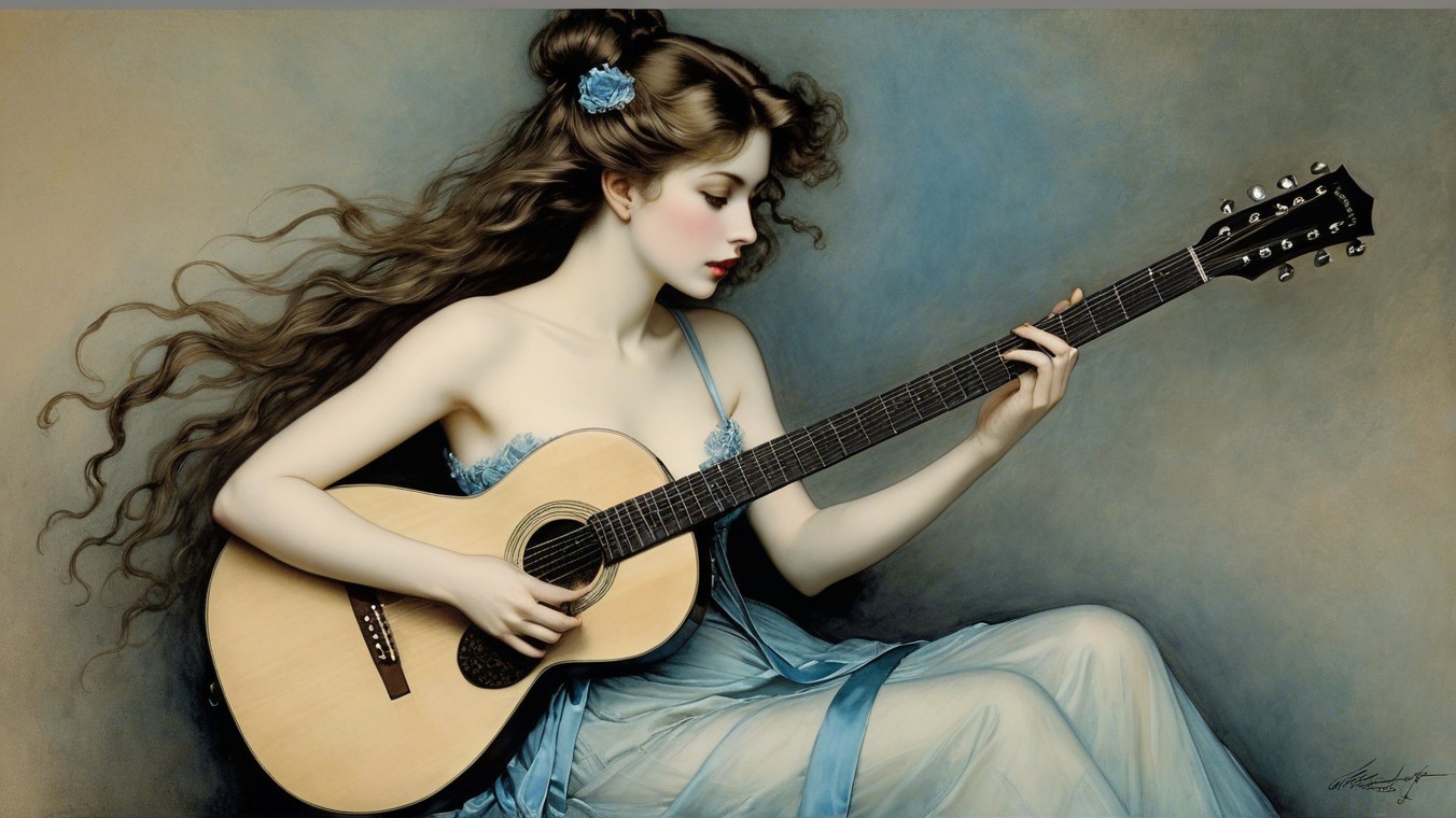 Ethereal Woman Playing Guitar in Floral Dress