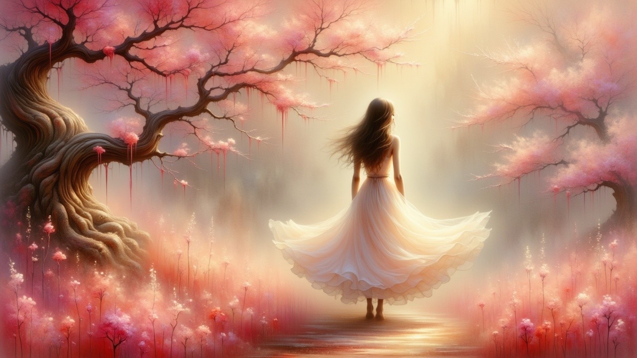 Young Woman in White Dress Among Cherry Blossoms