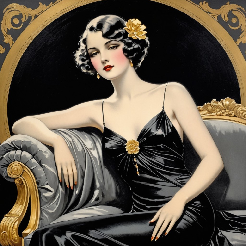Glamorous Woman in Black Dress on Luxurious Sofa