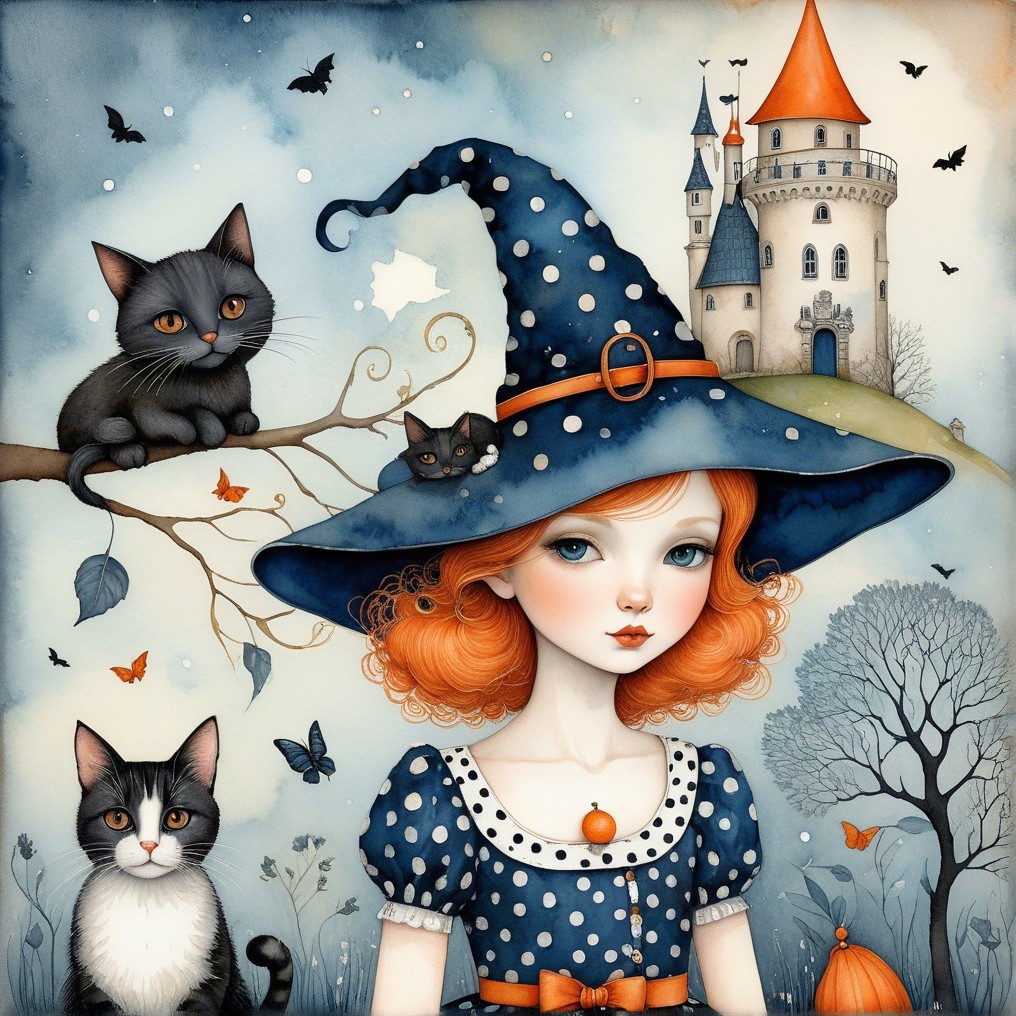 Whimsical Illustration of a Girl with Cats and Castle