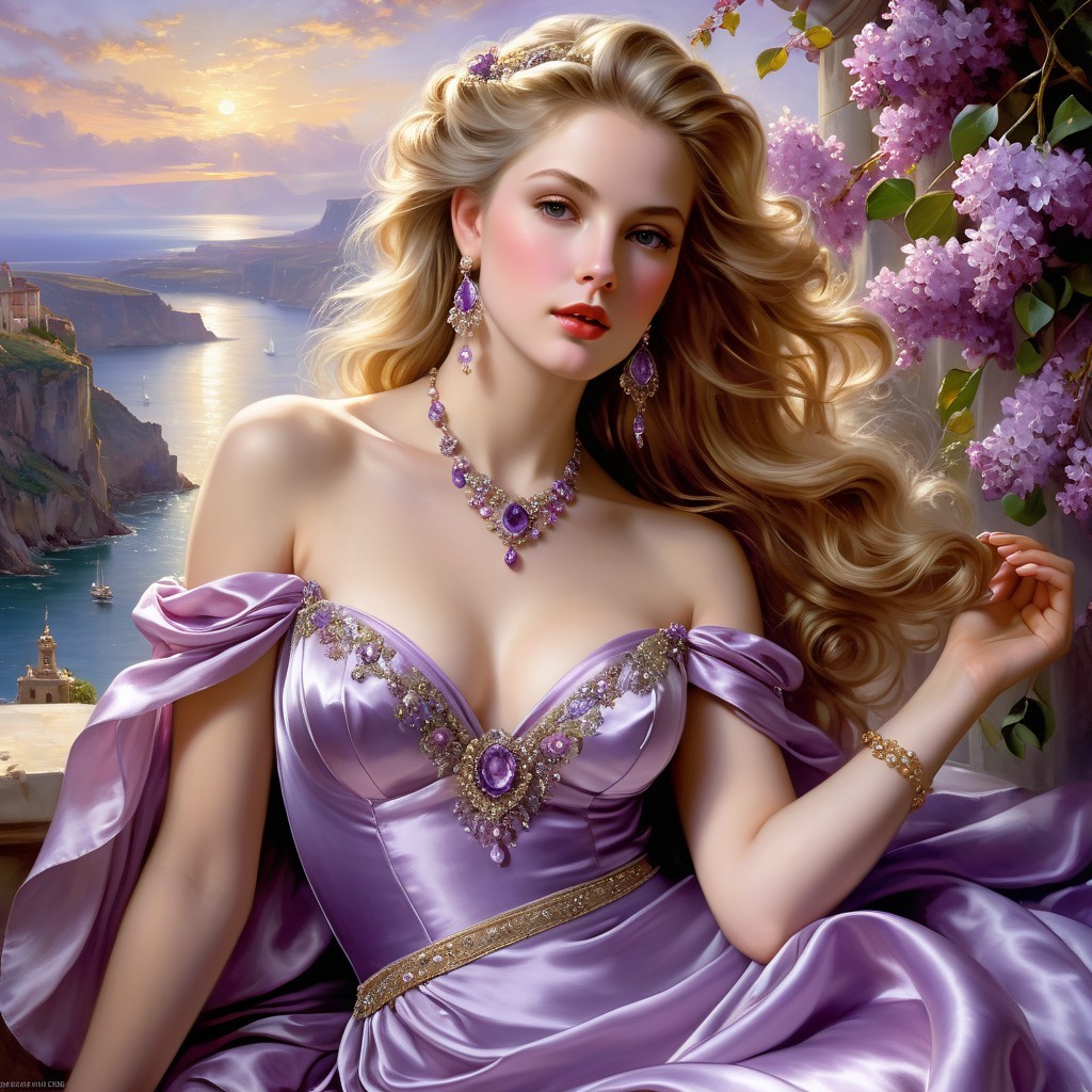 Elegant woman in lavender gown by coastal sunset