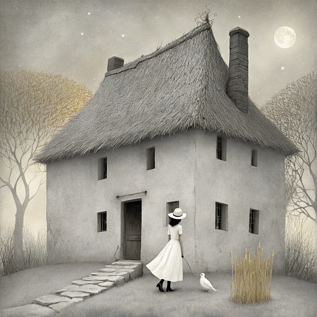 Moonlit Cottage Scene with Woman and White Bird