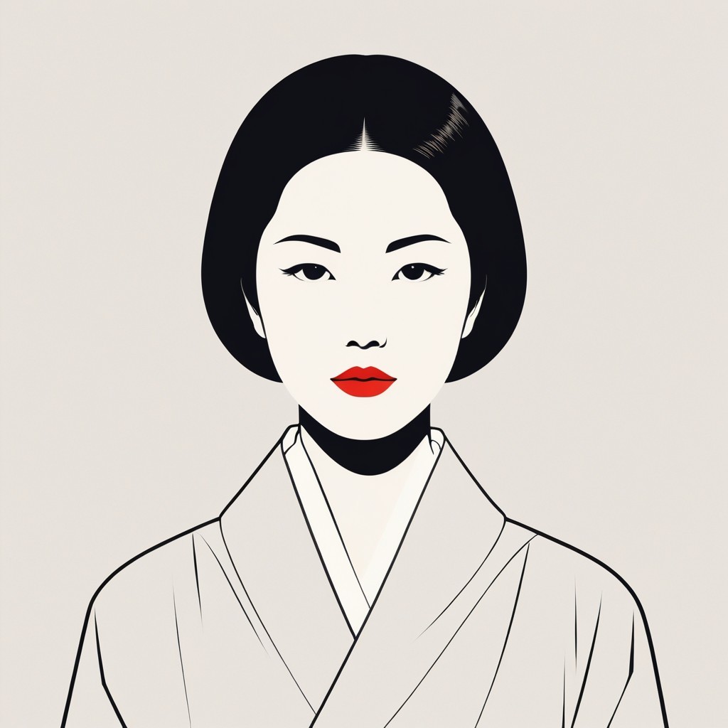 Stylized portrait of a woman in a kimono with bob haircut