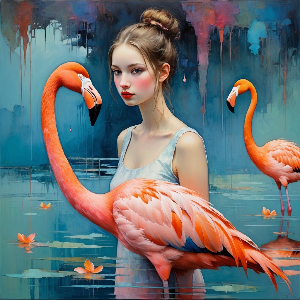 Young Woman in Shallow Water with Flamingos and Lilypads