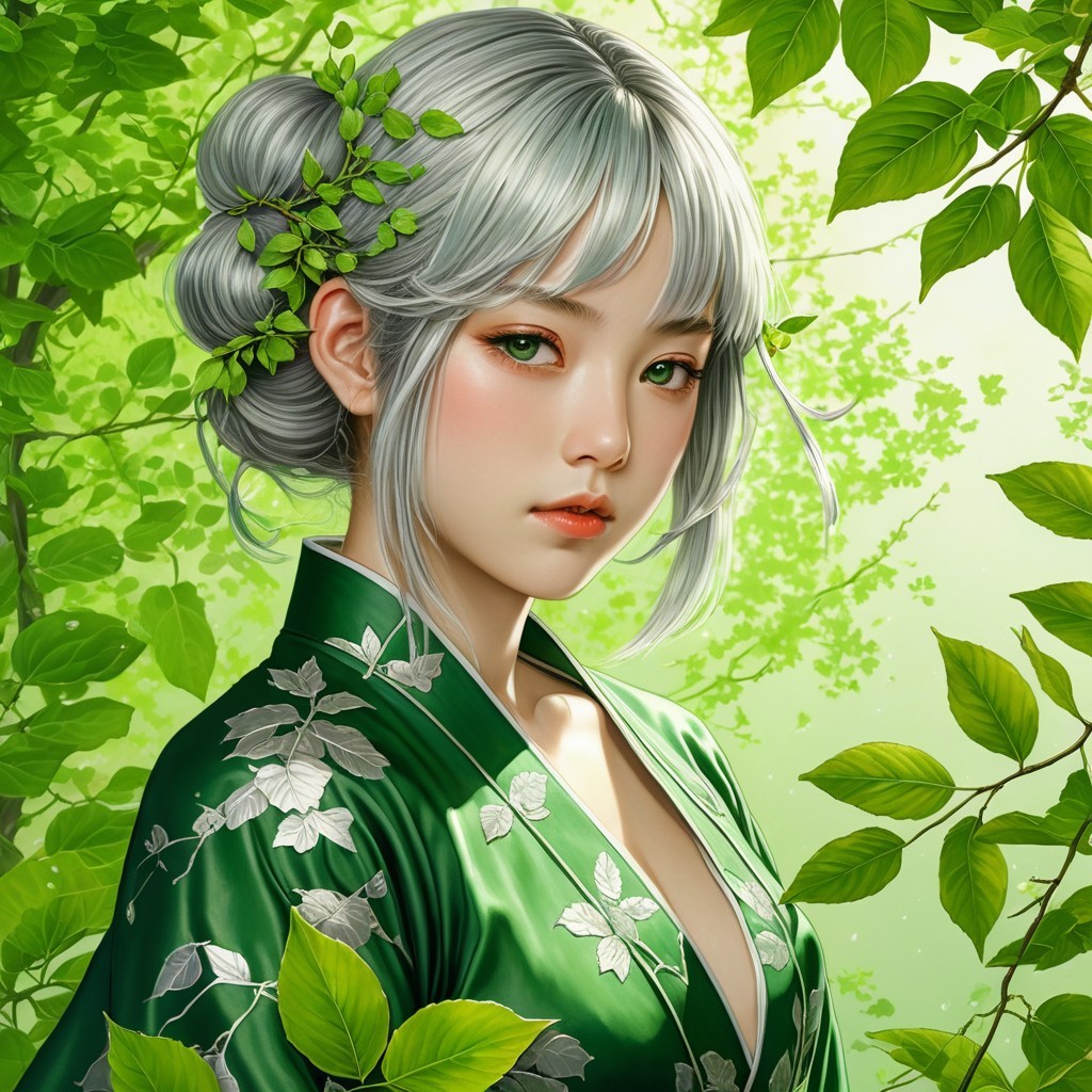 Young woman in green kimono among lush greenery