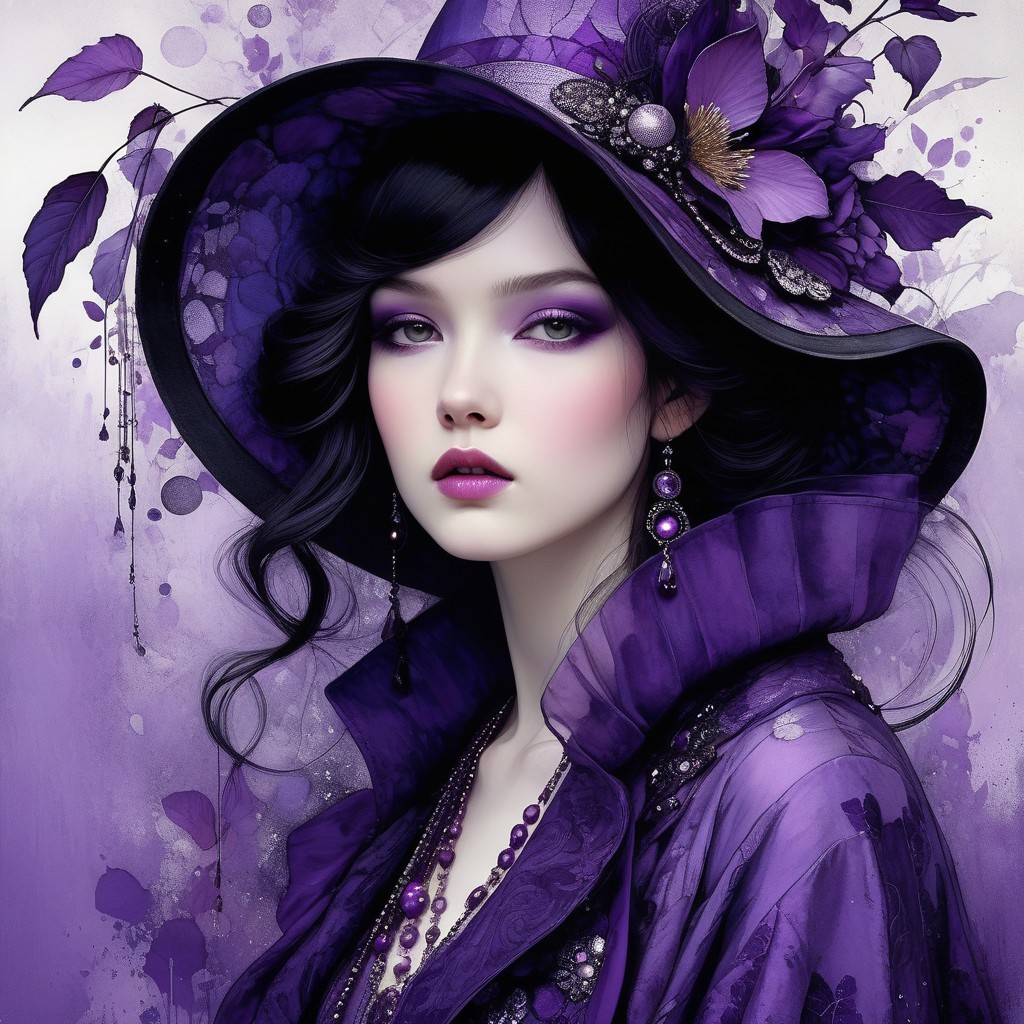 Portrait of a woman in deep purple with elegant hat