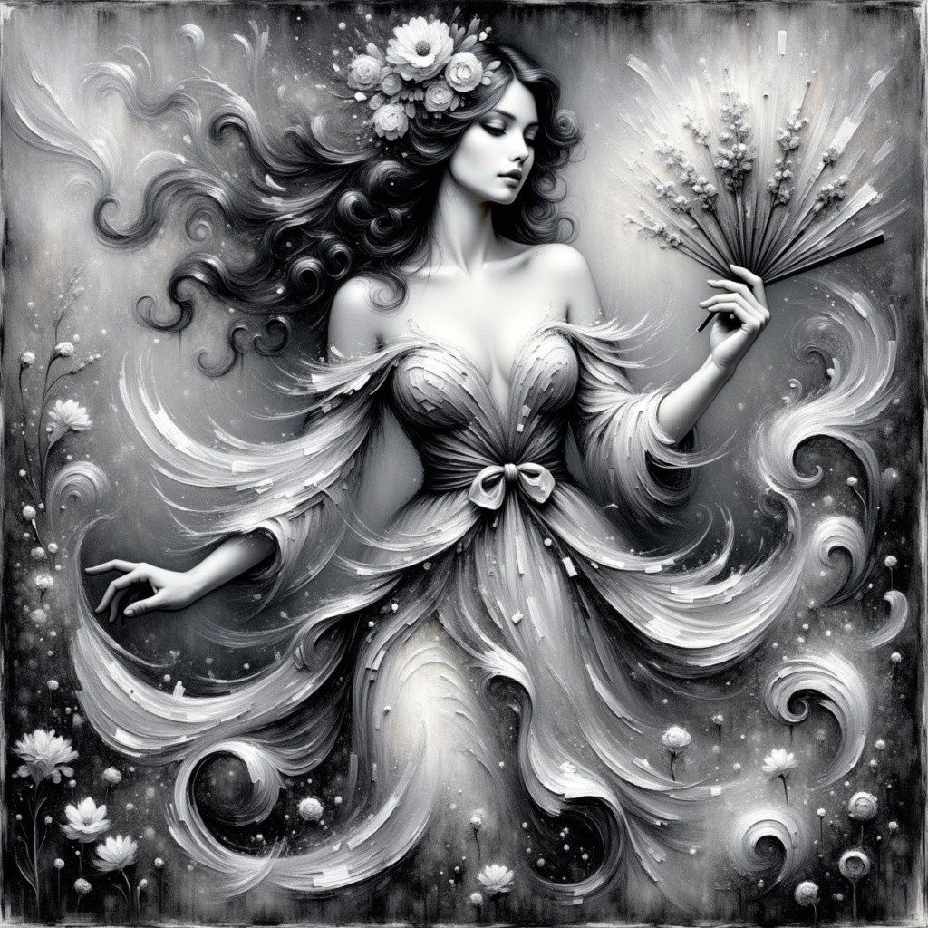 Fantasy Scene of a Woman with Flowers and Fan
