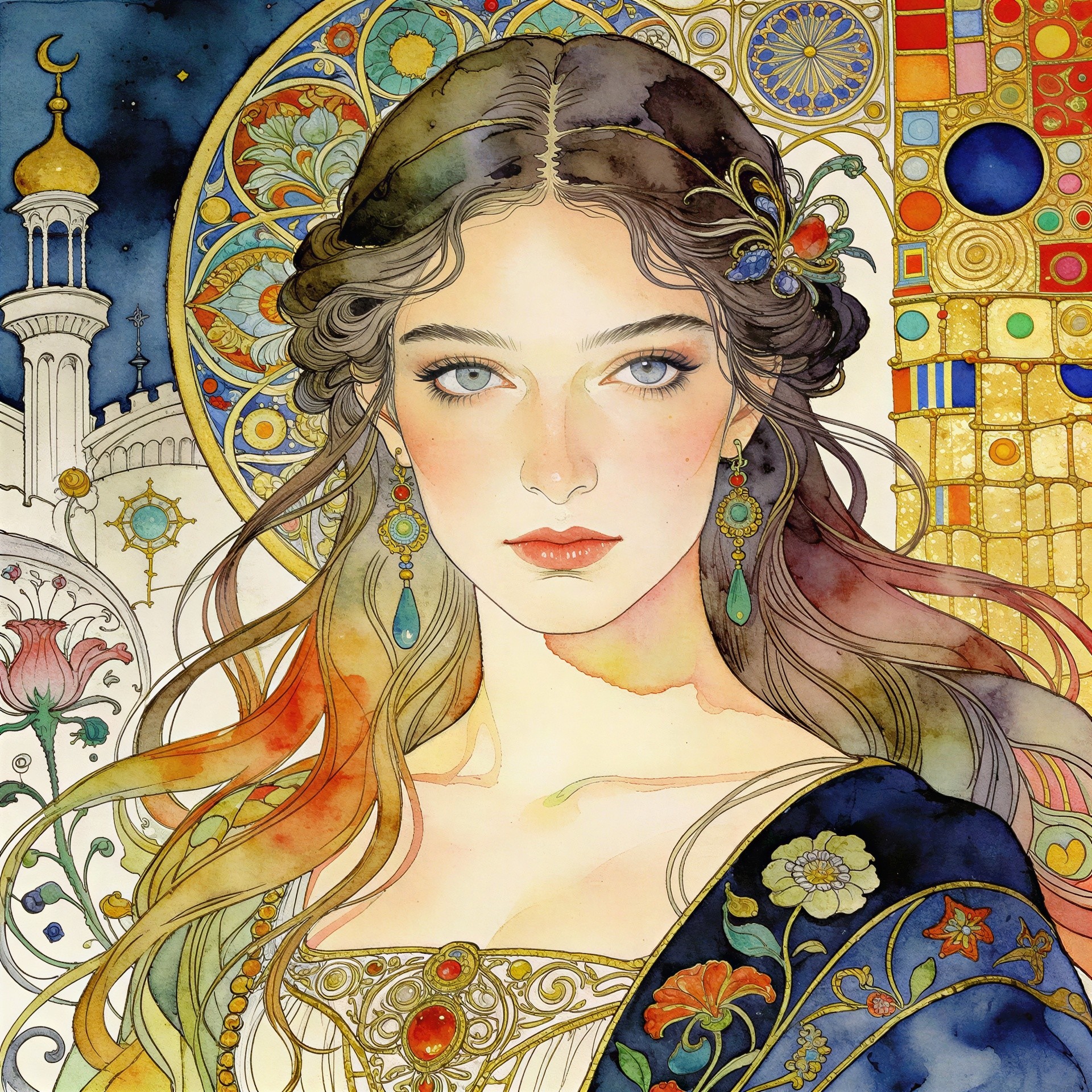 Elegant Woman in Floral Adornments and Ornate Dress