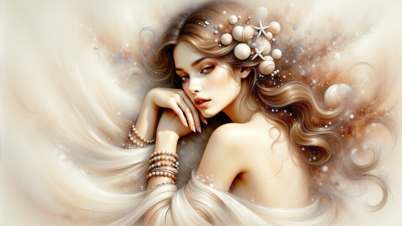 Ethereal Woman with Seashells in Dreamy Atmosphere