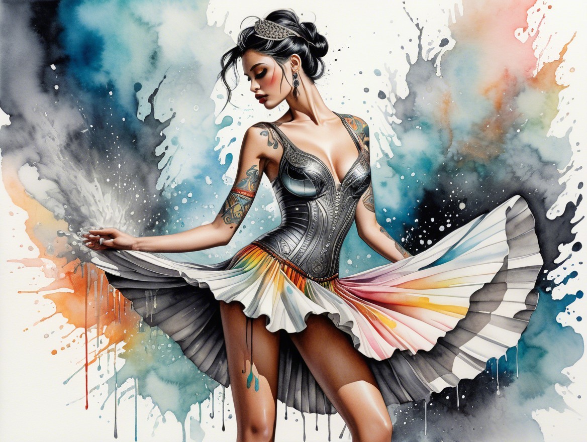 Elegant Woman in Detailed Dress with Watercolor Background