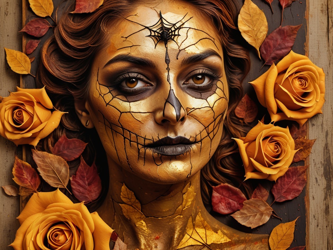 Woman with Skull Face Paint Surrounded by Roses and Leaves