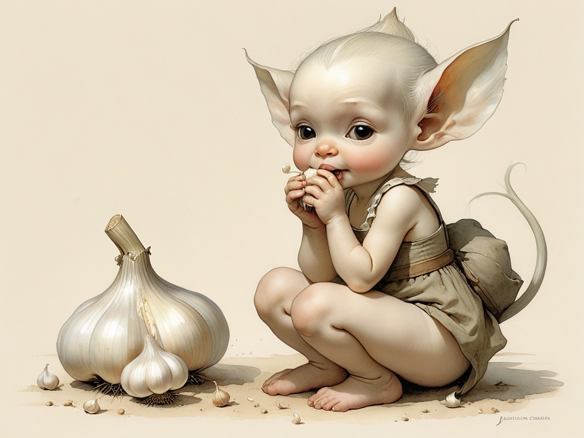 Whimsical Creature Nibbling Garlic in Fantasy Setting