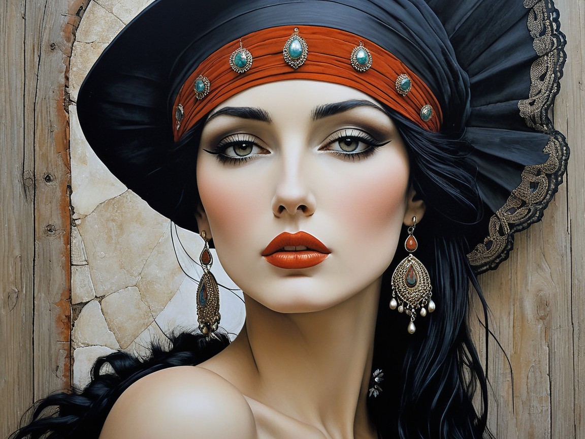 Striking Woman with Black Hair and Bold Makeup