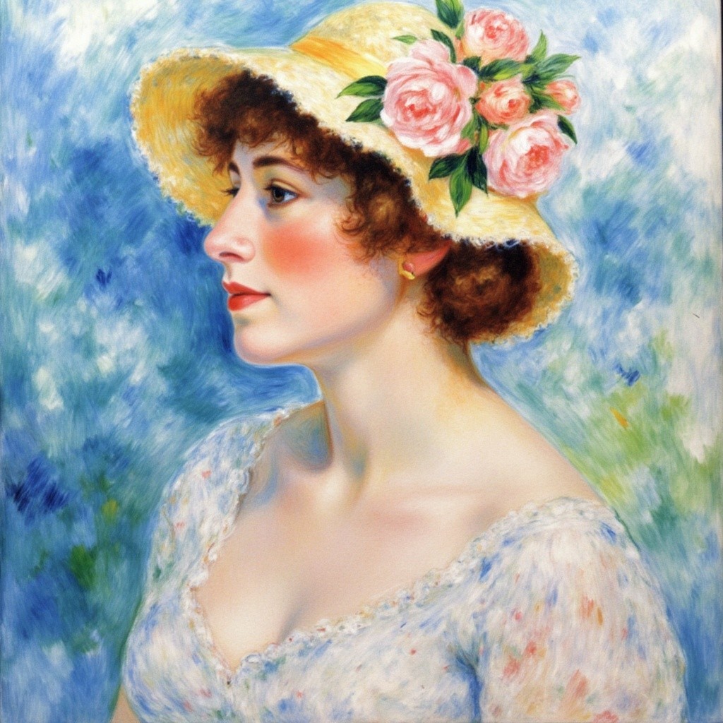 Young woman in straw hat with pink roses and lace blouse