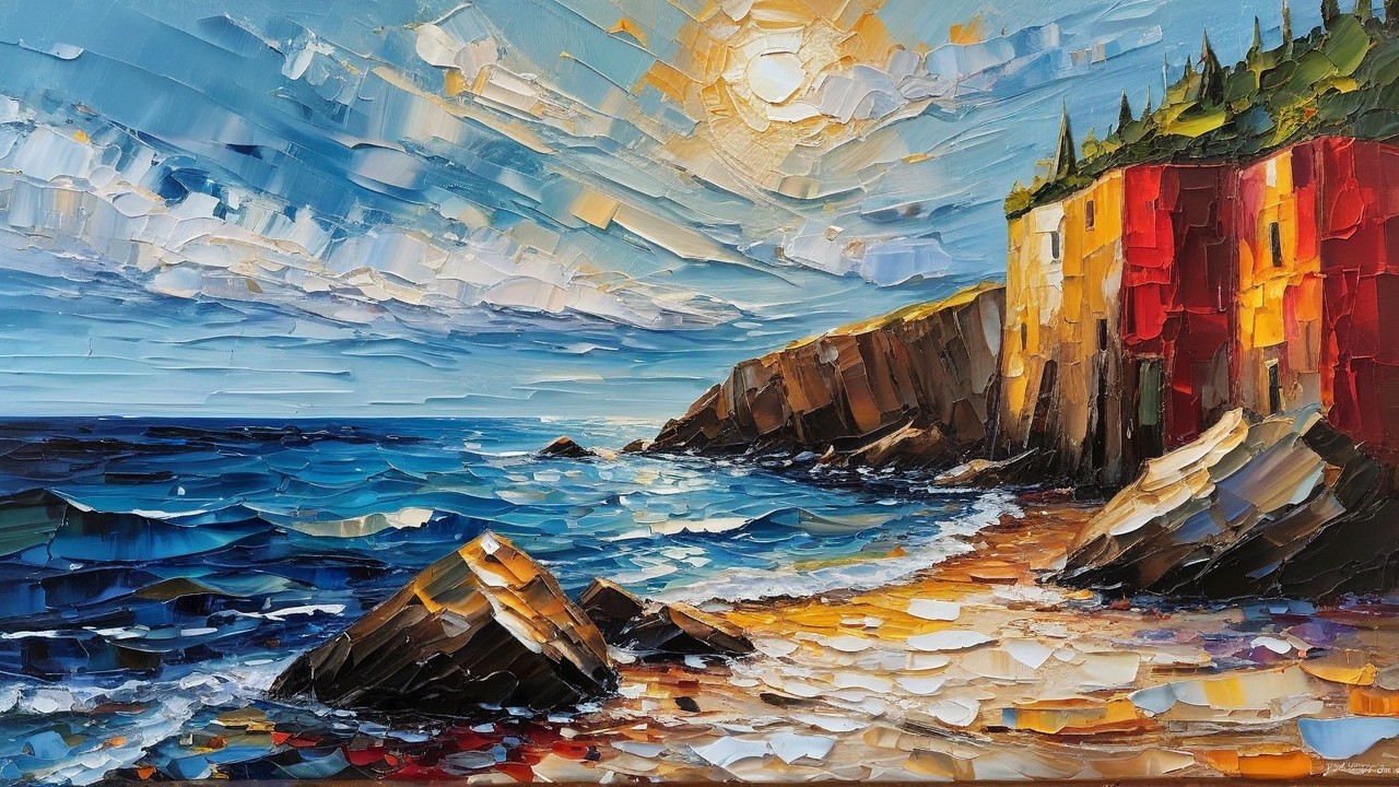 Vibrant Coastal Scene with Red Cliffs and Waves