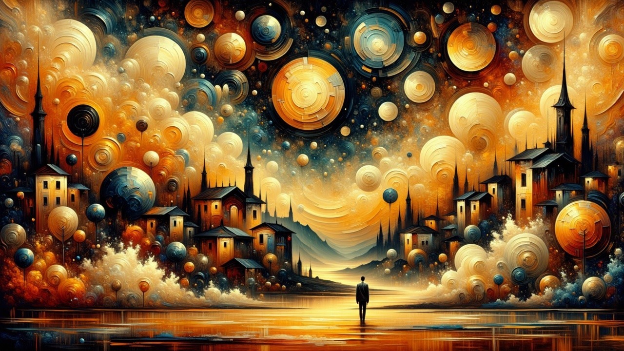 Surreal Landscape with Ethereal City and Vibrant Sky