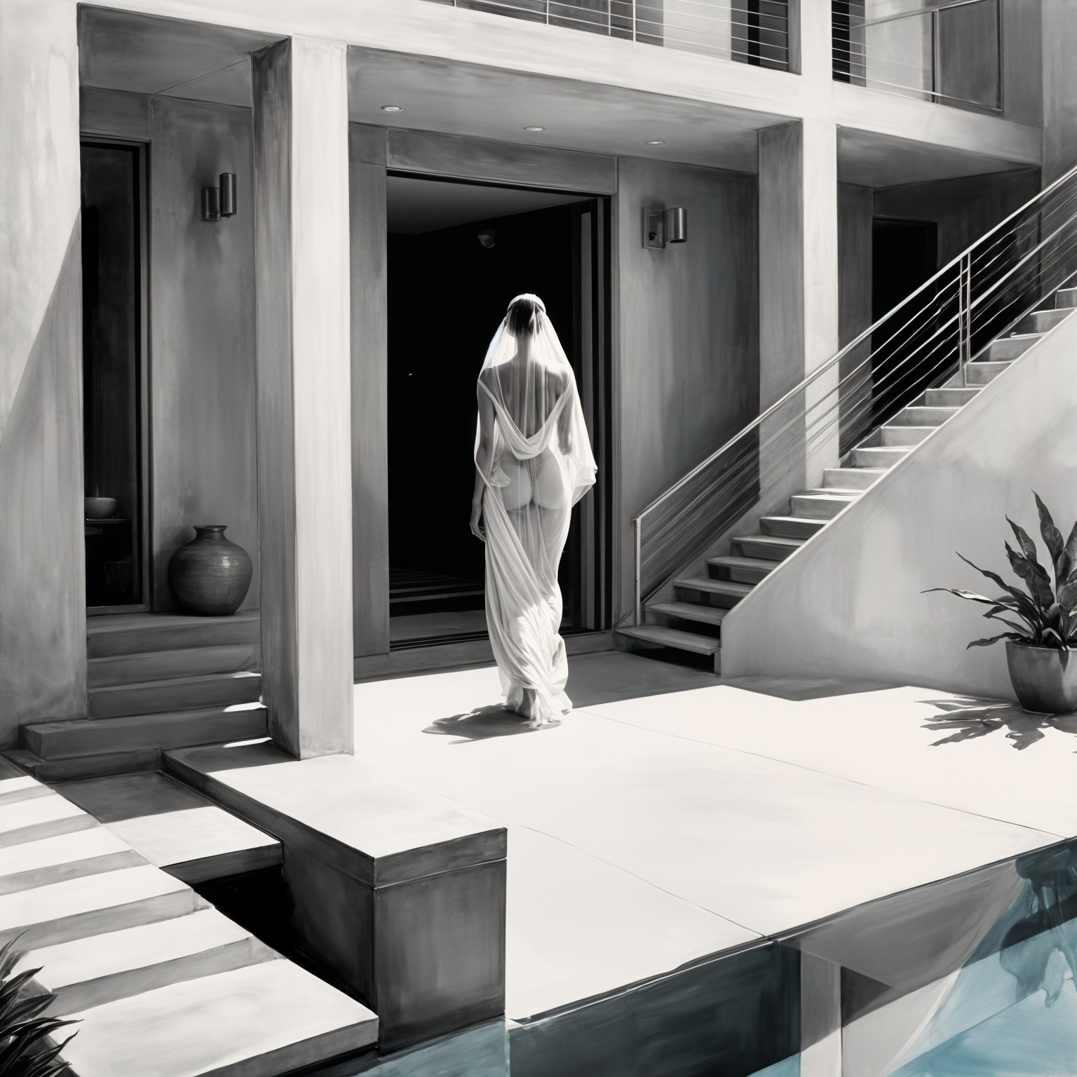 Modern Monochrome Architecture with Elegant Figure
