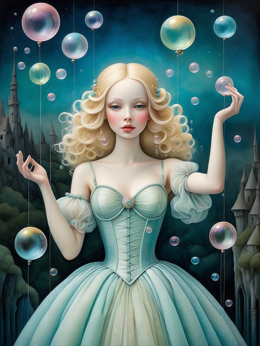 Fantasy Illustration of Woman in Blue Gown and Bubbles