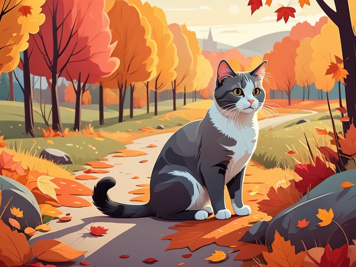 Autumn Scene with Cat Among Colorful Foliage