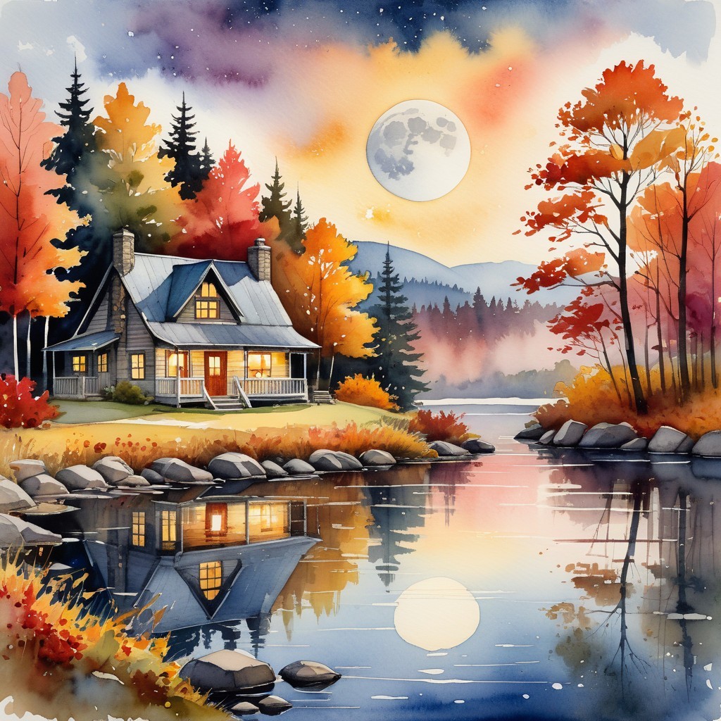 Cozy cabin by tranquil lake in autumn scenery