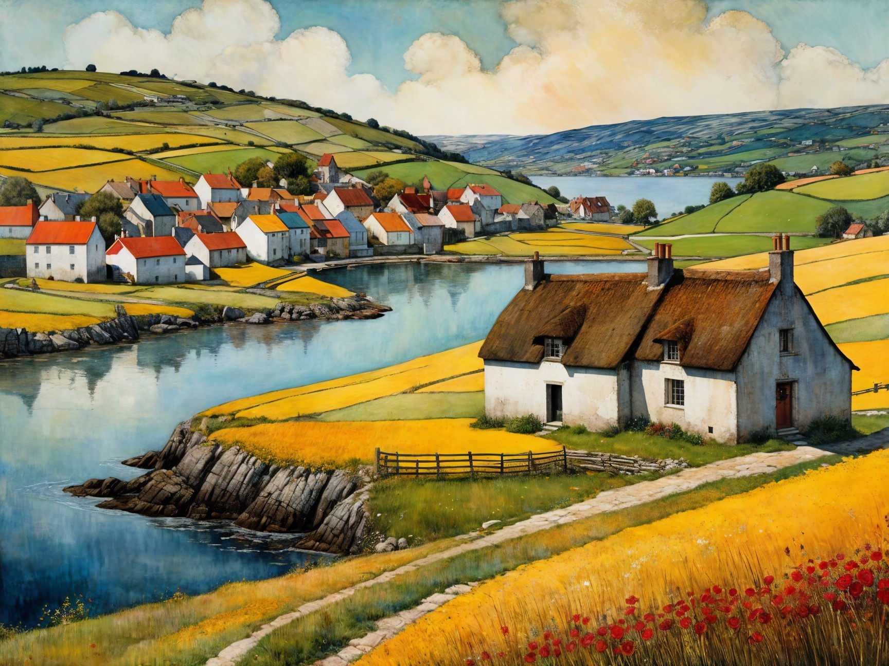 Charming Countryside Scene with Thatched Cottages