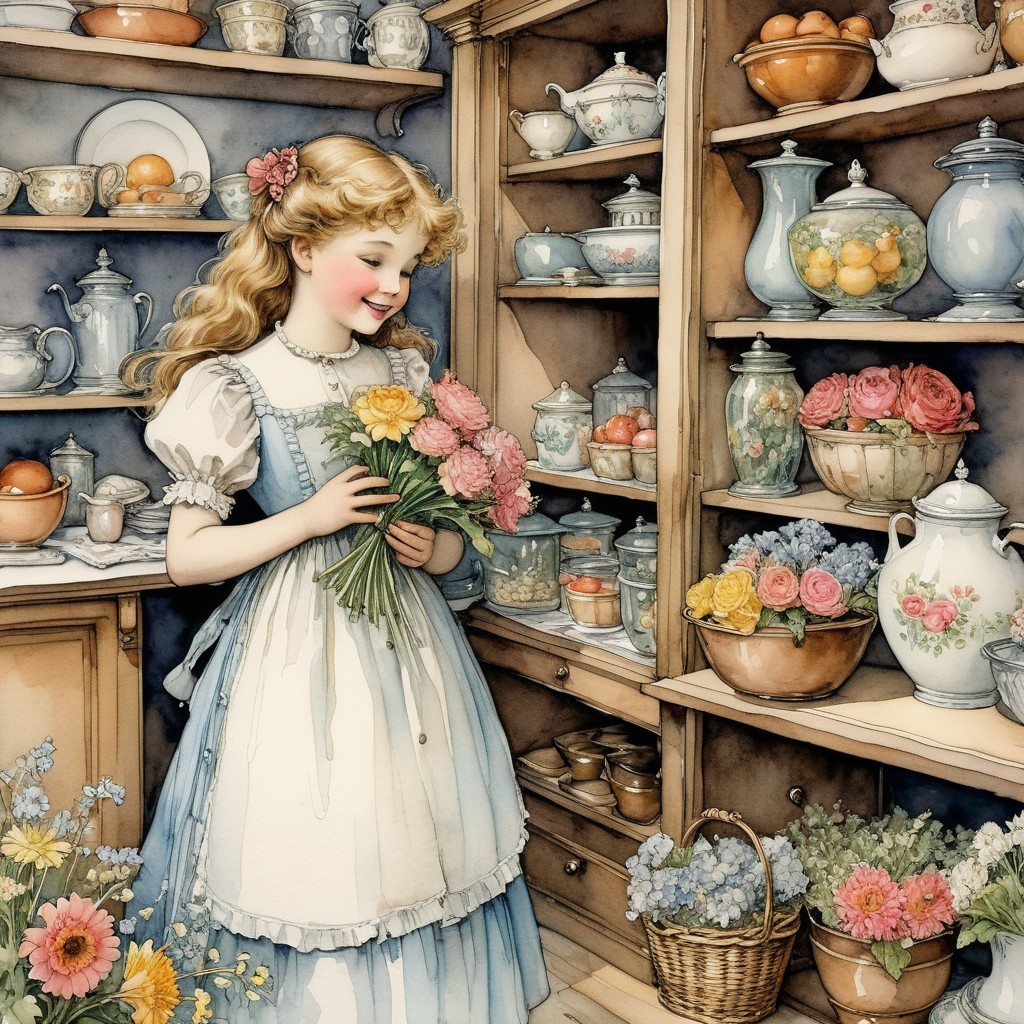 Vintage Kitchen with Young Girl and Colorful Flowers