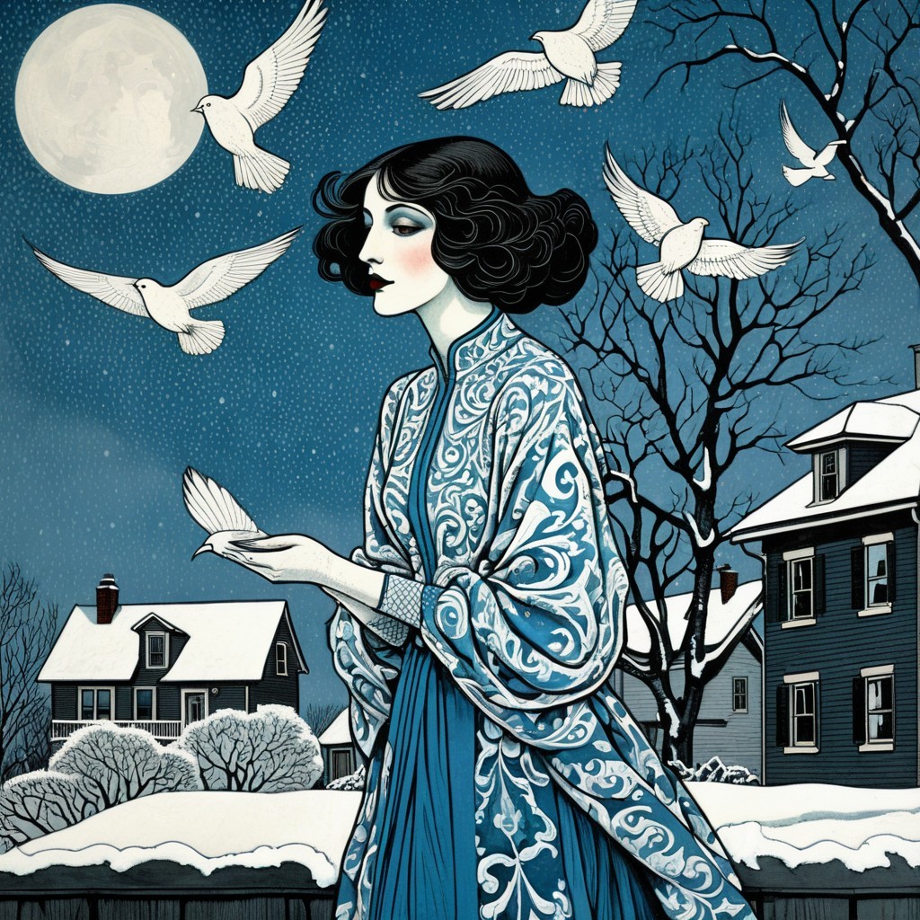 Winter Night Scene with Woman Releasing Doves