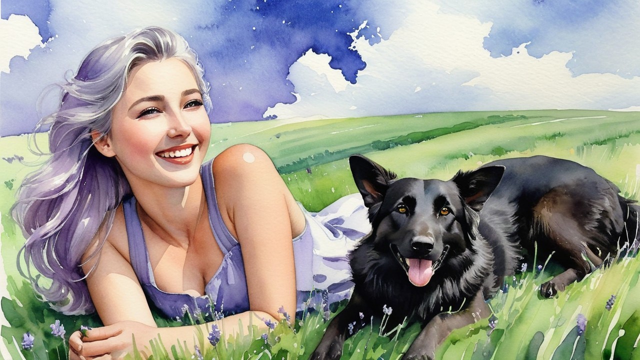 Watercolor Illustration of a Woman and Dog in Nature
