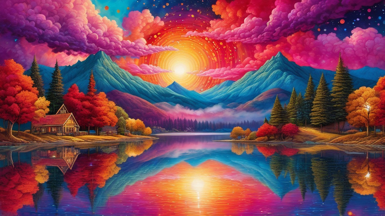 Vibrant Landscape with Lake and Sunset Reflection