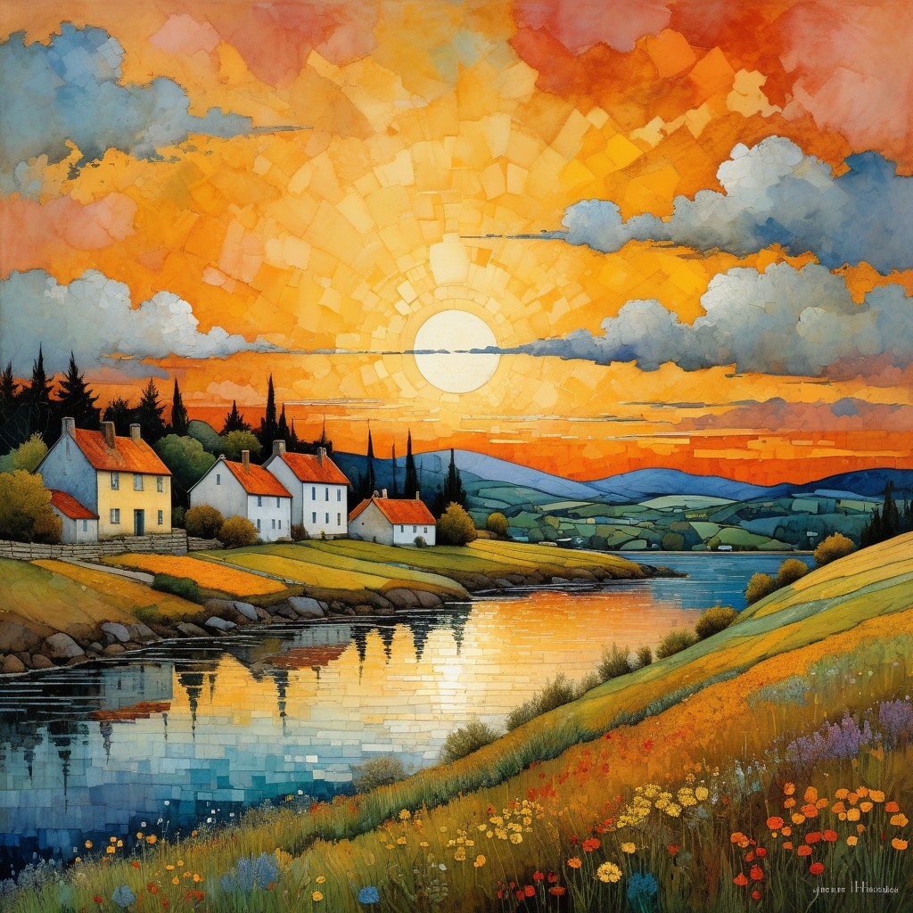 Vibrant Sunset Over a Gentle River Landscape