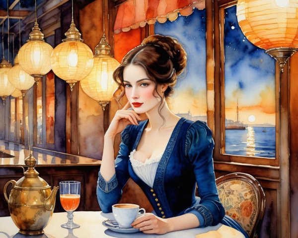 Elegant Woman in Café at Sunset with Lanterns