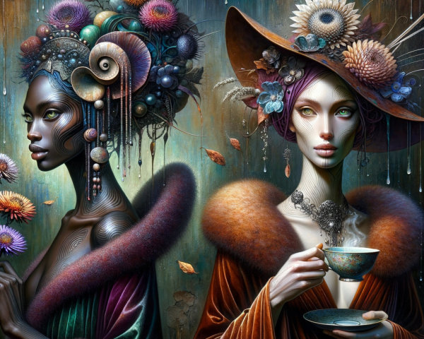 Elegant Women with Floral Headpiece and Hat