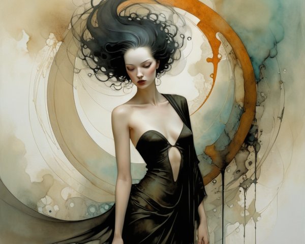 Ethereal Woman in Black Gown Against Abstract Background